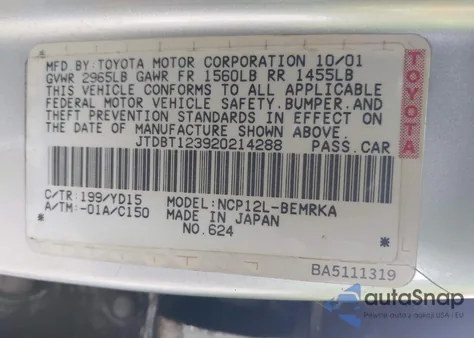 2002 Toyota Echo z USA, uszkodzony, nr VIN JTDBT123920214288